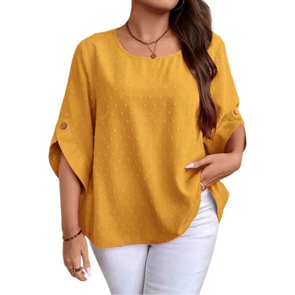 Women’s Plus Size Mustard Yellow Swiss Dot Flare Short Sleeve Blouse Top - Picture 3 of 14